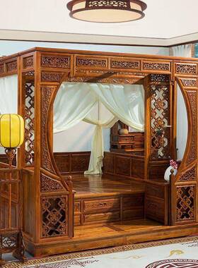 踏床实木中式仿古清明古典老古典床千工步拔步床式雕花88145月洞