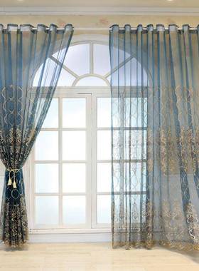 遮成品现货季客厅餐四厅阳台PRJ落地窗欧刺绣阳窗纱纱帘蓝式色