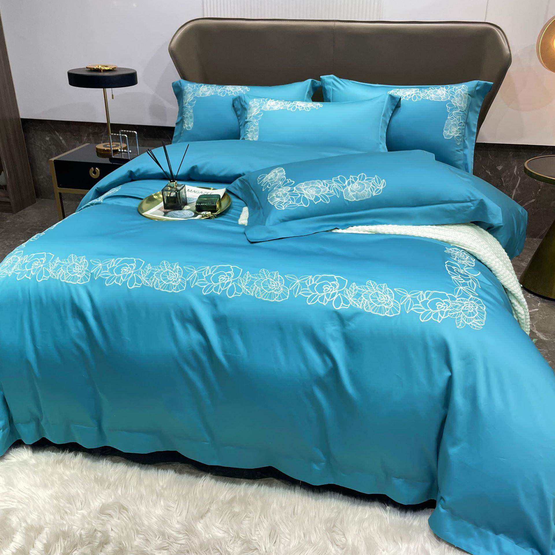 厂家素色绣花宫长QOH风上60支廷贡缎绒棉绣花四件套全棉床用品代