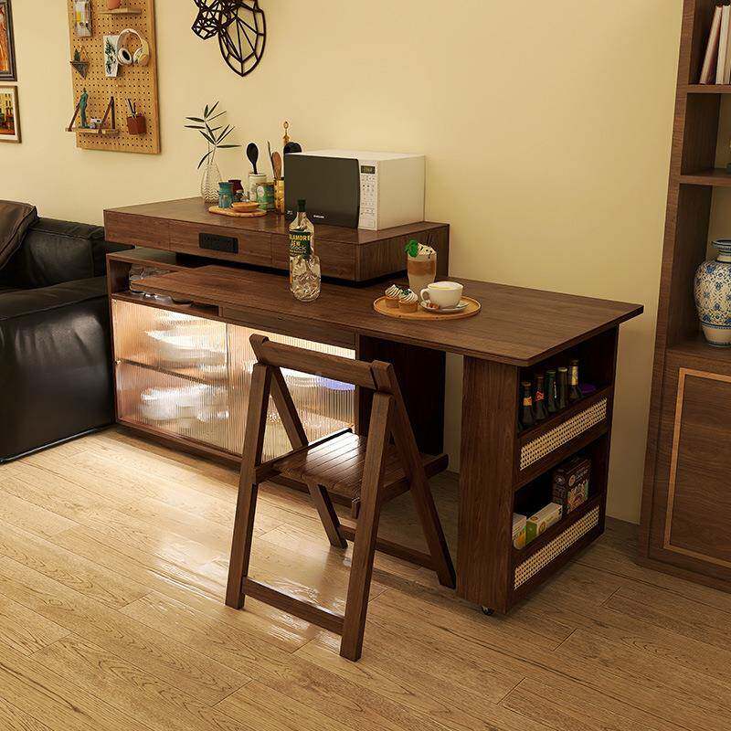 木川堂户实木MVW旋转岛台餐桌一体家用可伸缩小型吧多功能复古风