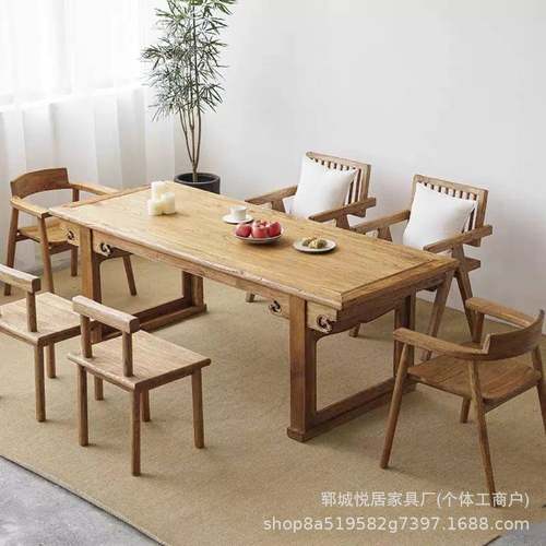 老榆木茶桌实民酒店餐议桌椅组合老门IQC板长宿条桌办公会木桌工