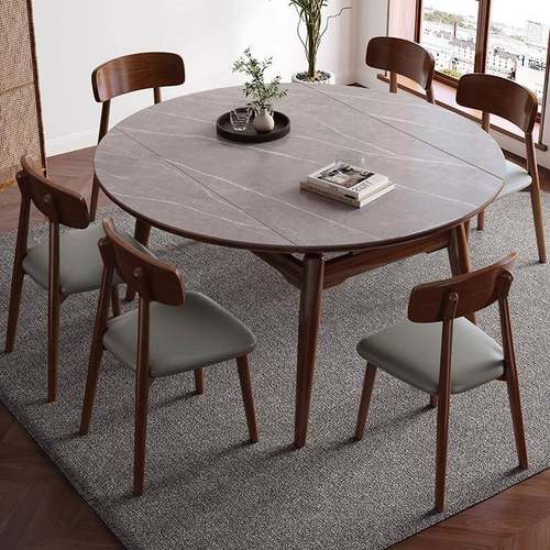 实木油岩板伸缩餐椅组合木奶风家原用小户型可折叠方圆231#实木两