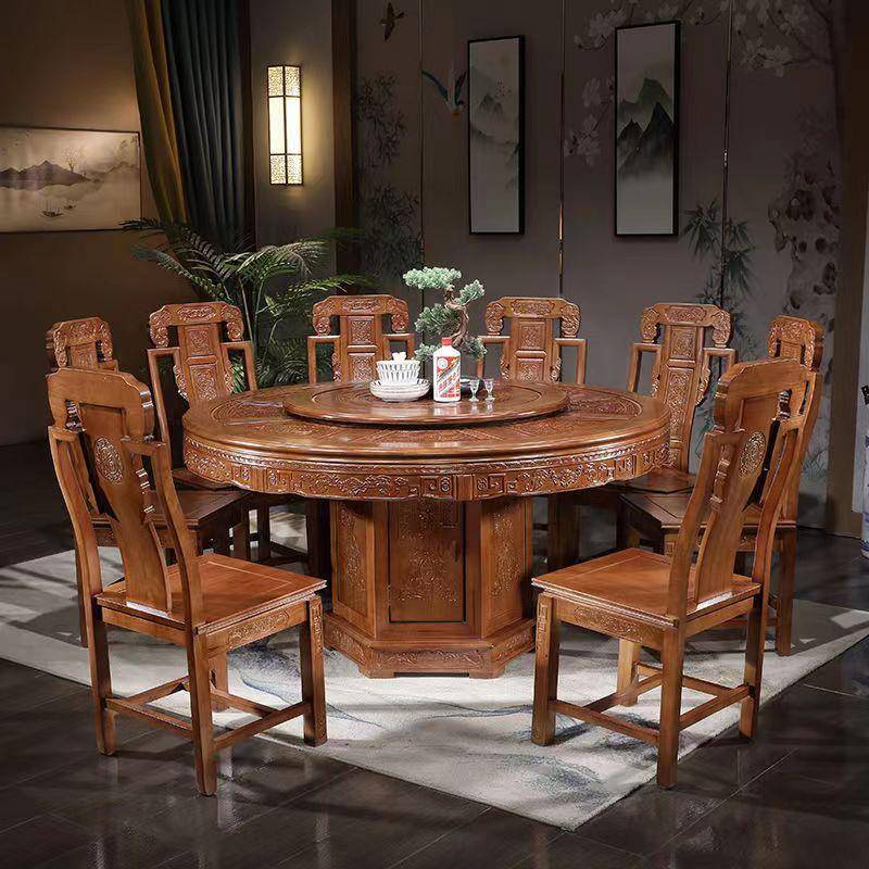 中式全木实餐桌椅组WTY合大桌子带橡木仿古雕花圆餐桌转盘圆实木
