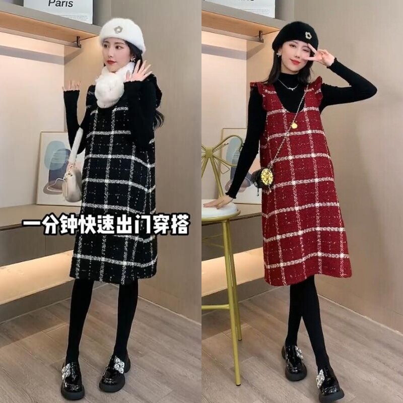 孕妇冬季套装半高领打底上衣格子抱婴袋裙两件套2022新款时尚气质