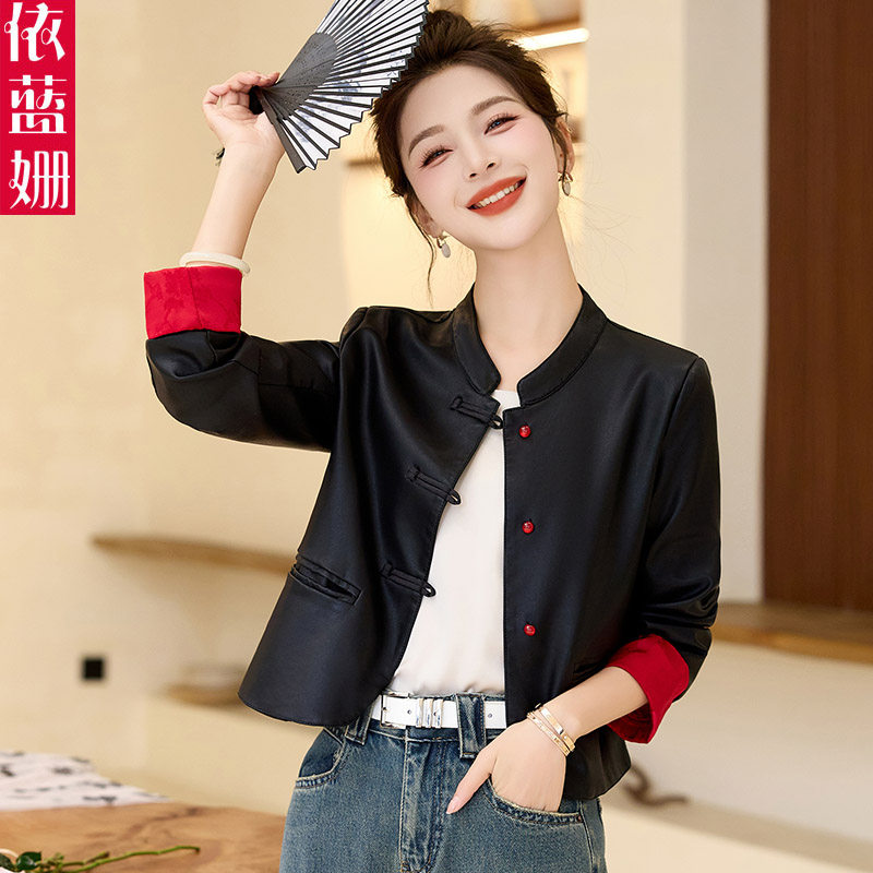 新中式国风皮衣外套女2024春季新款小个子休闲复古盘扣PU夹克上衣