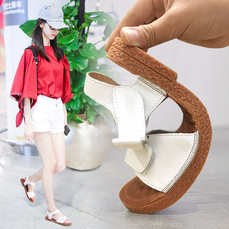 2021夏季牛筋软底平底防滑真皮孕妇凉鞋女妈妈舒适白色护士魔术贴