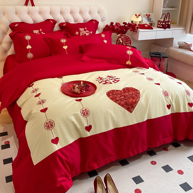 100支长绒棉婚庆四件套全棉纯棉大红色刺绣结新婚房喜字床上用品4