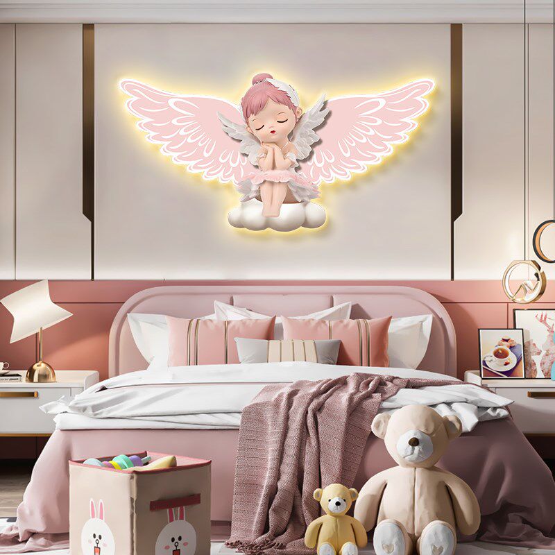 卡通儿童房装饰画氛围感发光灯画女孩卧室房间挂画奶油风床头壁画