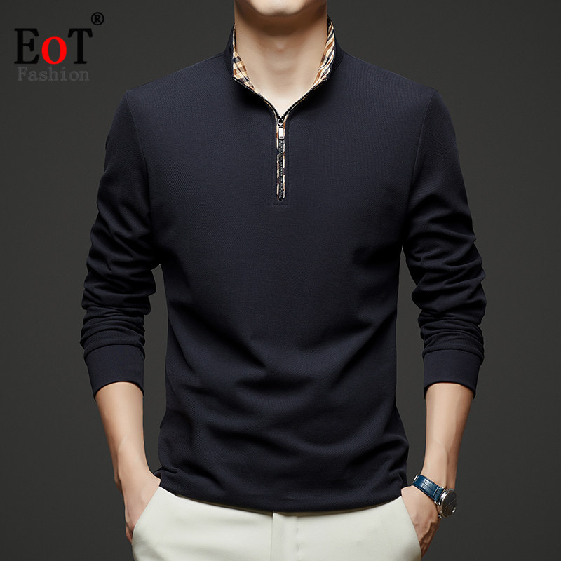 纯棉长袖T恤男立领纯色纯棉百搭宽松休闲秋季爸爸装丝光全棉体恤