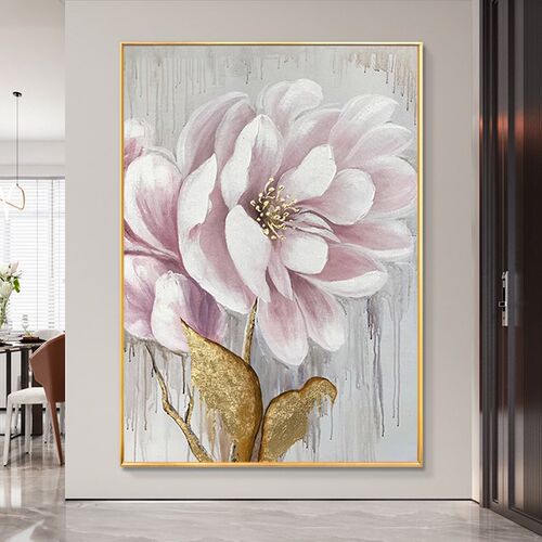 手绘油画花开富贵玄关装饰画现代轻奢客厅沙发背景墙金箔牡丹挂画