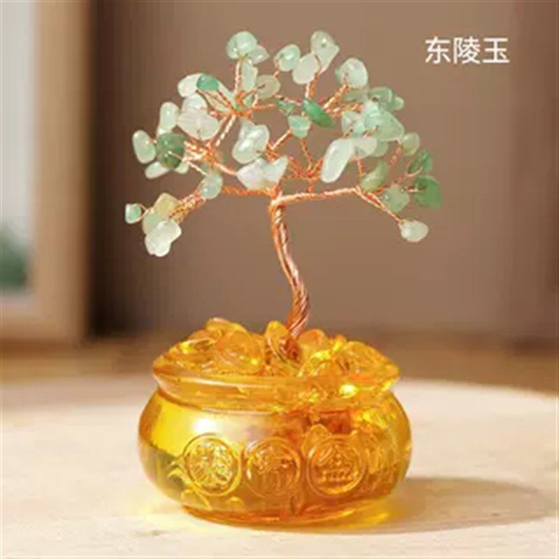 天然水晶碎石发财树聚宝盆DIY手工编织摇钱树家居办公装饰摆件