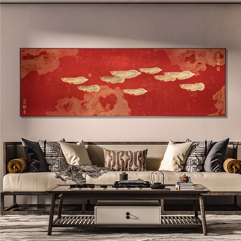 铂金工艺微浮雕高端金属挂画沙发背景墙新中式客厅九鱼图装饰画