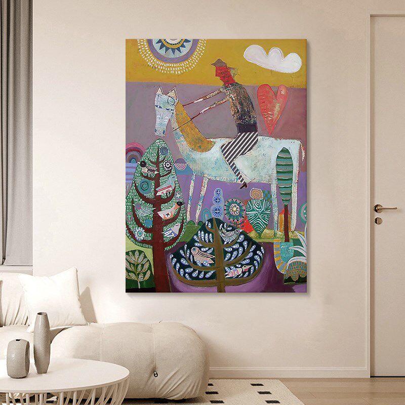 中古风抽象人物客厅装饰画手绘油画骑马小众艺术鸟语花香玄关挂画