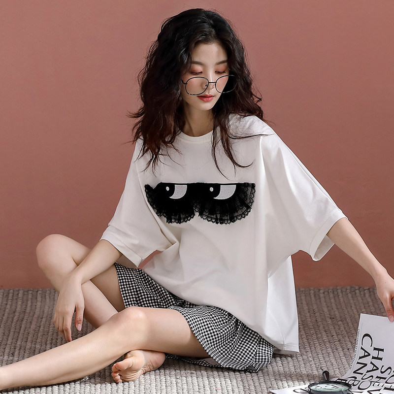 夏季睡衣女款纯棉短袖短裤可爱卡通宽松黑白色家居服少女夏天套装