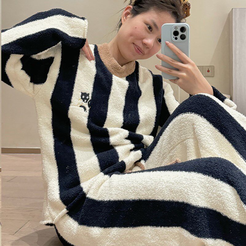 春秋款半边绒睡衣套装长袖长裤宽松小个子2025新款家居服两件套女