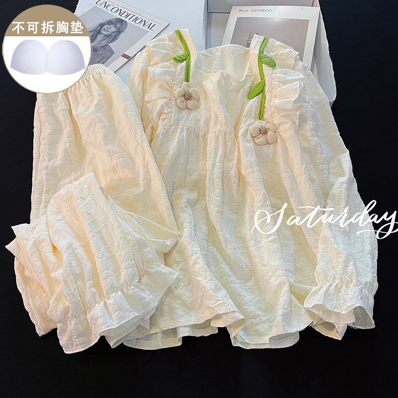 杏色花朵睡衣女款春秋季纯棉带胸垫甜美花边长袖秋冬款家居服套装