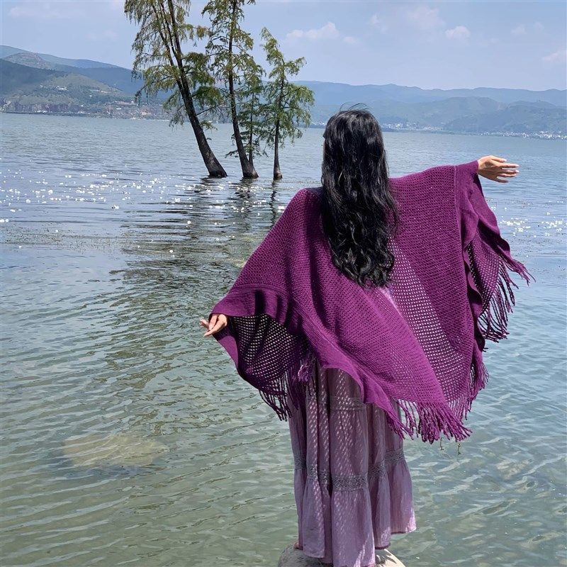 【紫萱】a民族风流苏镂空开衩披肩女外搭紫色百搭旅游拍照披肩斗