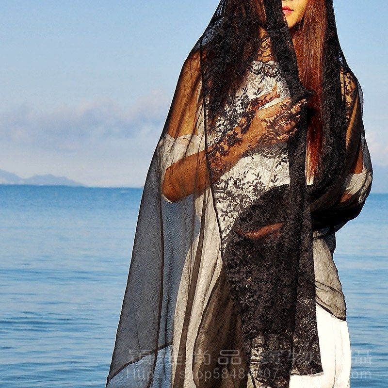 颖雅 宽围巾大丝l巾纯色绣花蕾丝宽披肩 夏季渡假海边披巾