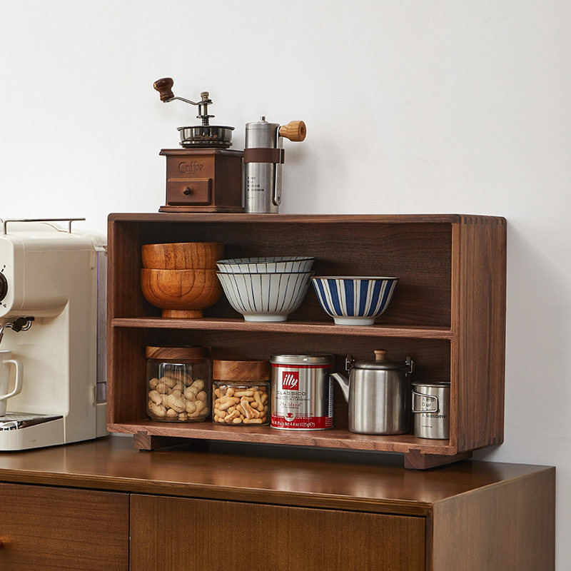 木质多层桌e面置物落地架水杯收纳实木架黑胡桃木茶具杯子储物柜