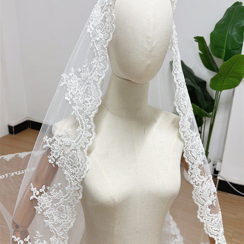 新娘头纱教堂婚礼拖地双层头y纱车骨立体蕾丝绣字结婚头纱带面纱