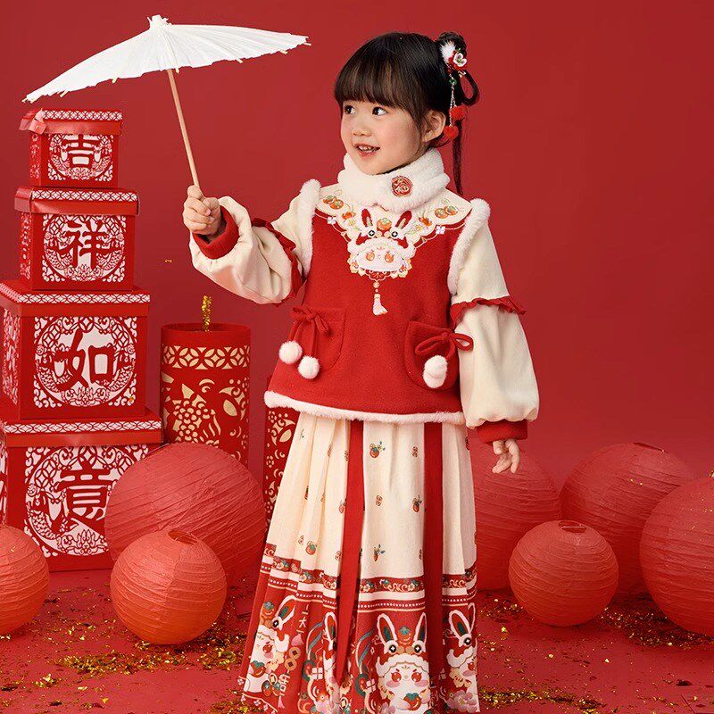 儿童汉服女童冬款宝宝中国风套装小女孩喜庆拜年服新年装过年冬季
