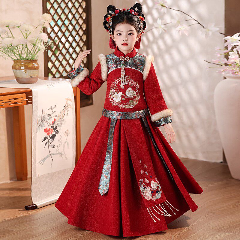女童唐装汉服2025新款中国风新年拜年服儿童加厚冬季过年裙子套装