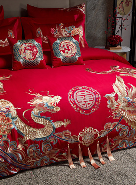 120支端长绒棉婚庆四件套大红色喜被龙凤刺绣结W婚床上用品4