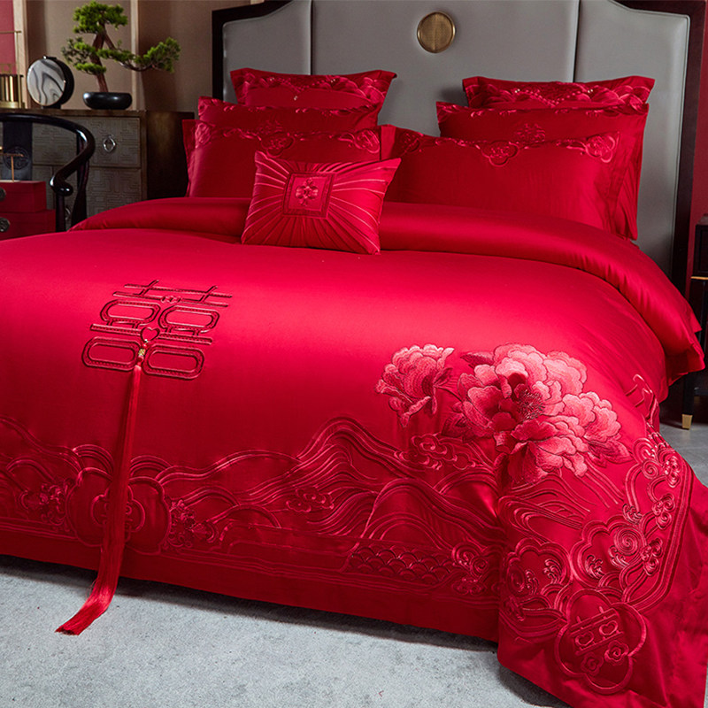 中式喜庆婚庆全棉四件套结婚婚床刺绣被套大红Y色床单床品