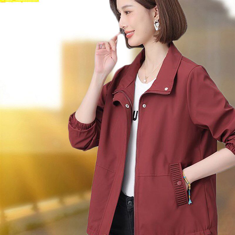 翻领短外套女2025春秋新款妈妈薄款洋气宽松大码风衣夹克休闲上衣