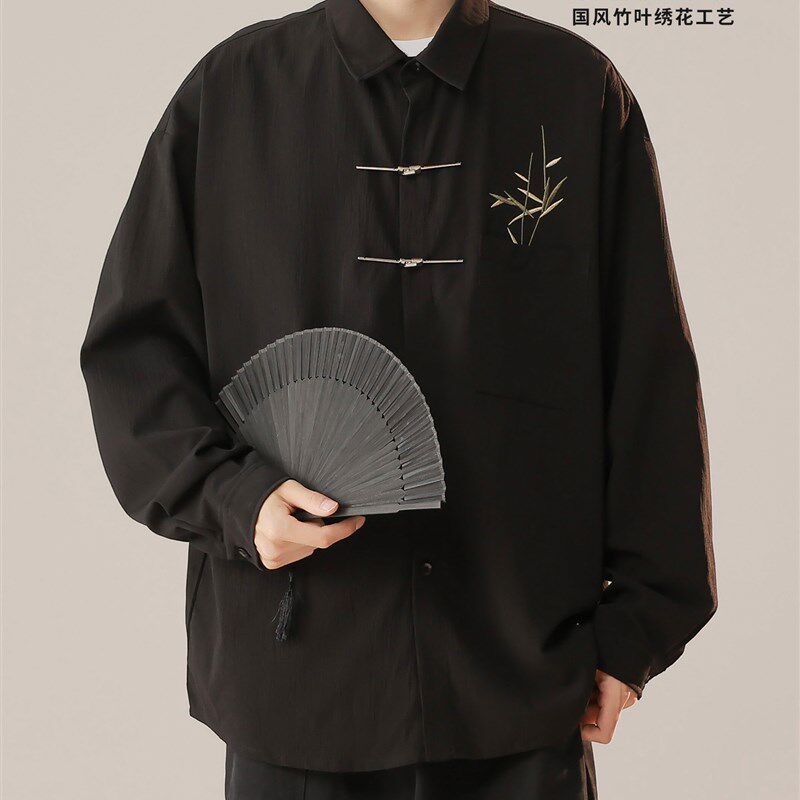 男士新中式国风竹子刺绣衬衫男翻领2025新款秋季唐装汉服上衣外套