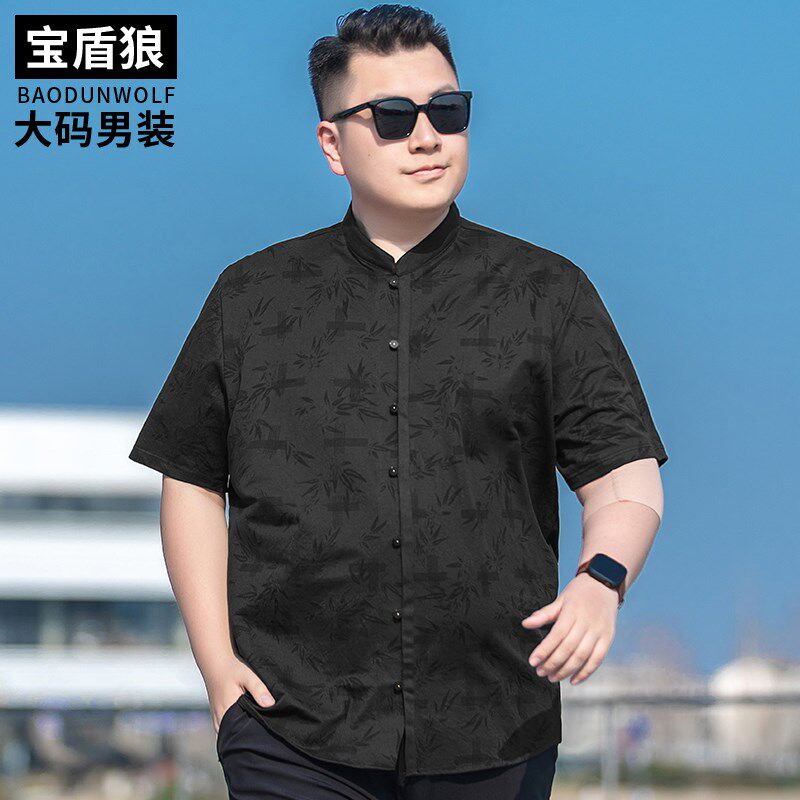 新中式小立领盘扣短袖衬衫男大码夏装胖子宽松休闲时尚半袖棉衬衣