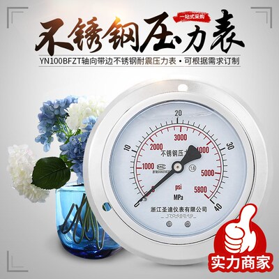 YN100ZTBF不锈钢耐震压力表轴向带边100mm水油液气压表M20*1.5