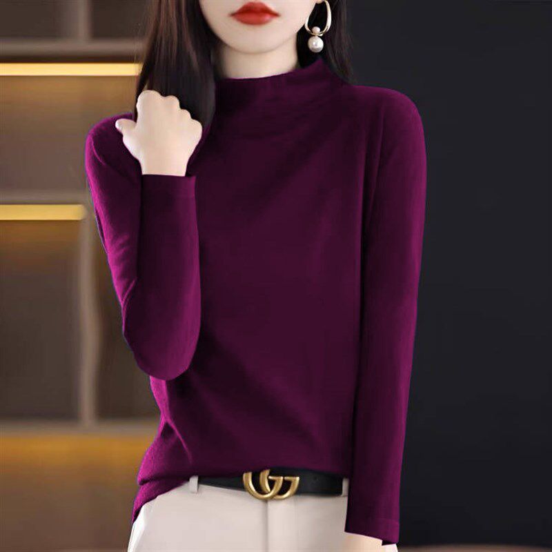 打底衫女秋季薄款半高领内搭上衣洋气2024年新款轻熟风紫色针织衫