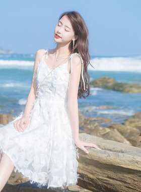 超仙小个子仙女裙2023夏季新款女v领露肩a字裙流苏吊带连衣裙裙子