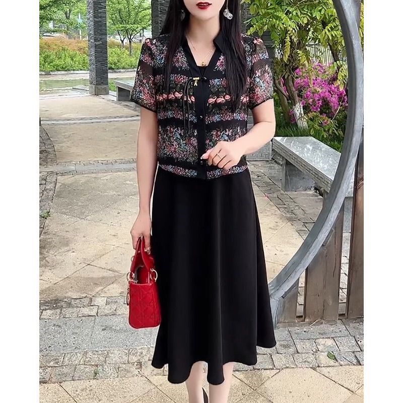 2025夏季新款气质显瘦拼接假两件短袖连衣裙女时尚碎花披肩中长裙