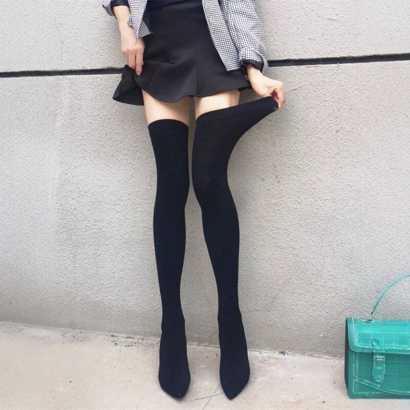 小码313233尖头高跟过膝丝袜长靴针织弹力长筒袜子靴女大码41一43