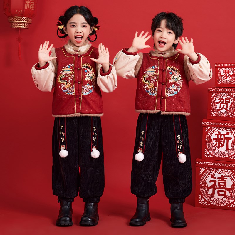 元旦儿童拜年服女童唐装演出服装新年喜庆表演服幼儿宝宝过年衣服