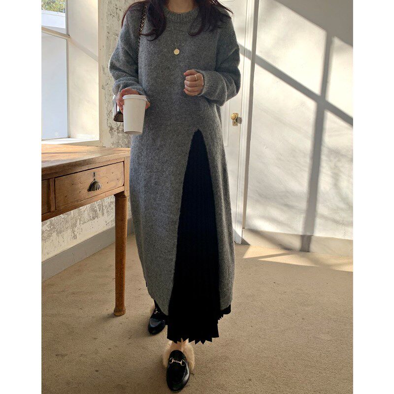 羊绒毛衣裙女慵懒风中长款高开叉套头羊毛针织衫圆领连衣裙