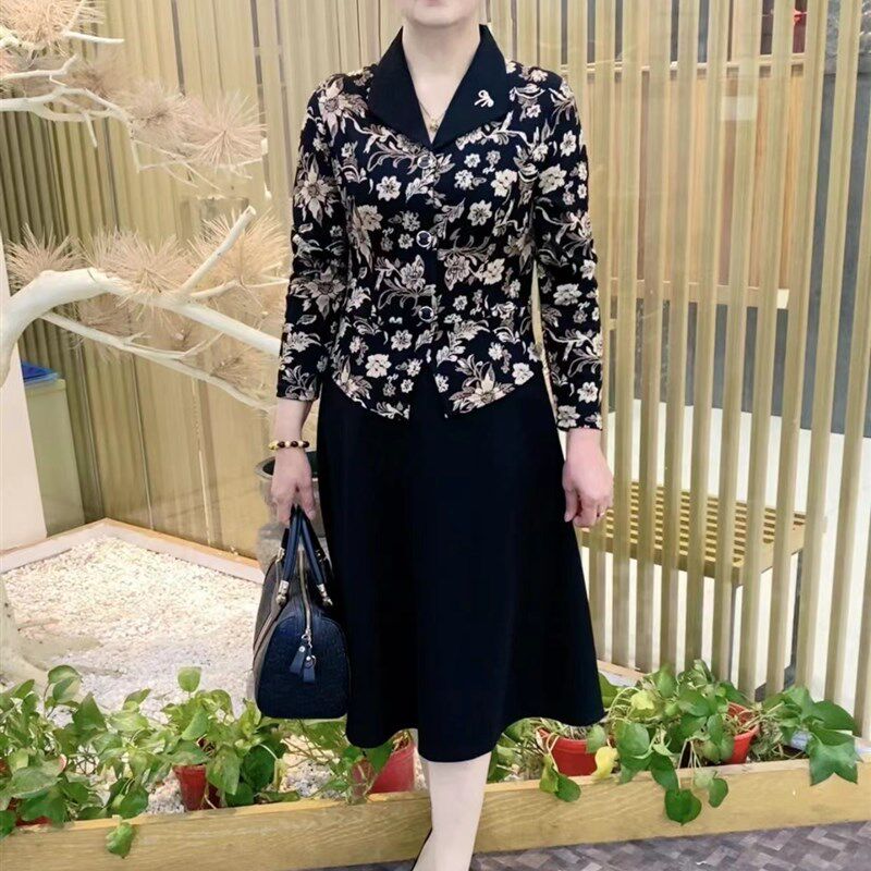 中年妈妈夏装连衣裙洋气新款中老年女春秋气质假两件长袖雪纺裙子