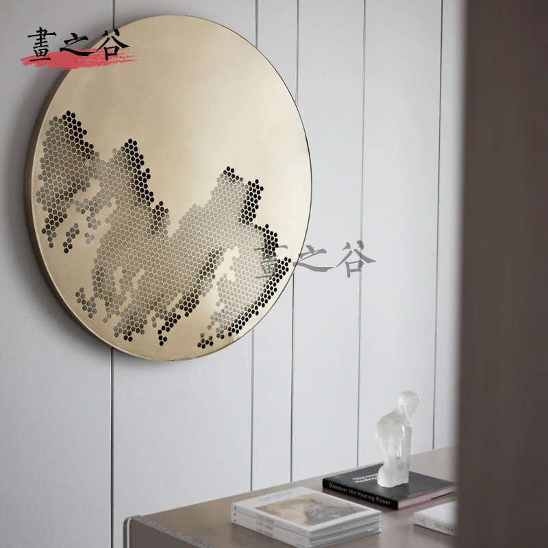 新中式圆形不锈钢雕刻装饰画玄关立体挂画实物画客厅餐厅书房壁画