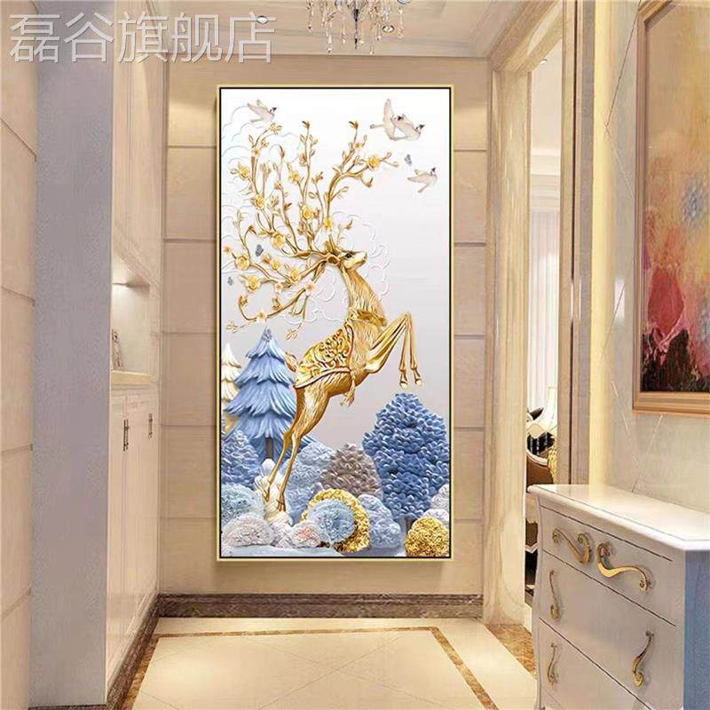 网红入户玄关瓷麋鹿楼梯画壁画装饰时来运转晶儿挂童房间布置装饰