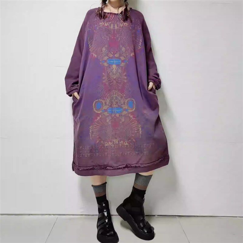 炎圭服饰新款复古做旧长袖连衣裙宽松大码中长款民族风印花卫衣裙