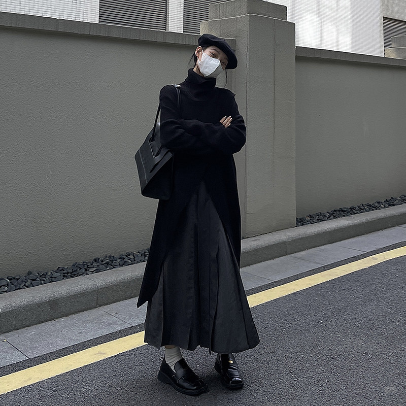 山本小众设计开叉中长版高领毛衣女2022秋冬新款叠穿宽松针织长裙