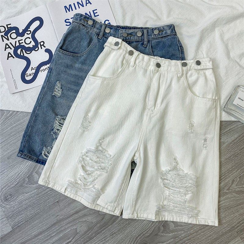 300斤大码女装胖mm夏季松紧腰遮肉高腰显瘦宽松短裤破洞牛仔裤女