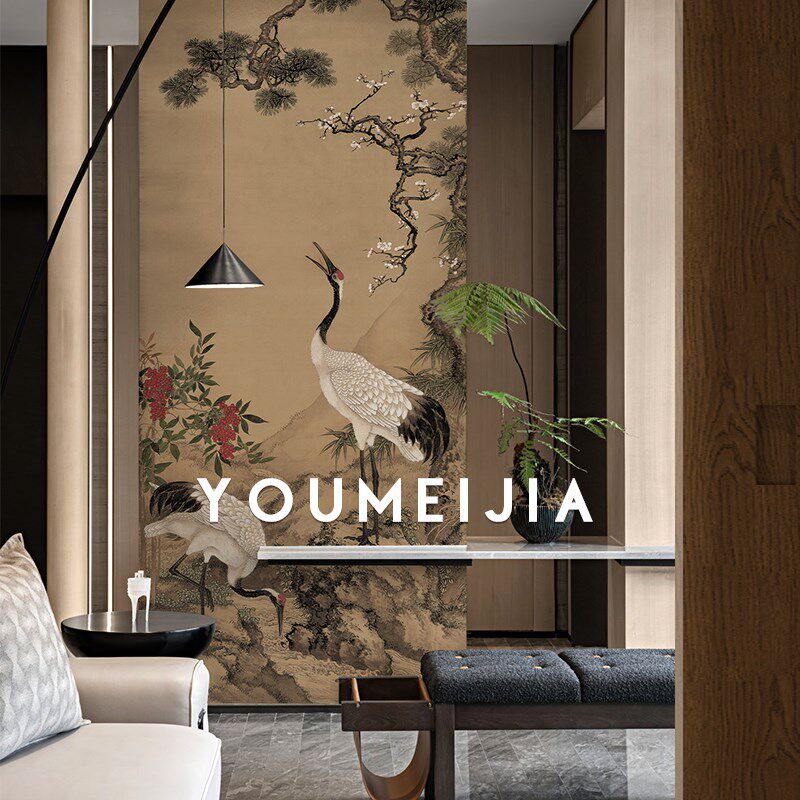 定制墙纸松鹤玄关墙布新中式书房茶室国画背景墙壁画民宿卧室壁纸