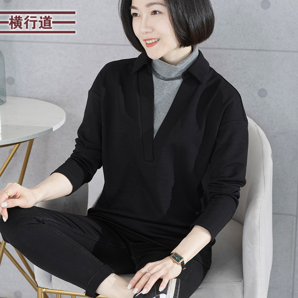 2024新款秋装假两件高领宽松中年妈妈长袖T恤女纯色拼接韩版上衣