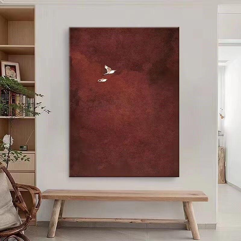 纯手绘油画红色客厅餐厅装饰画现代简约吉祥仙鹤玄关肌理抽象挂画
