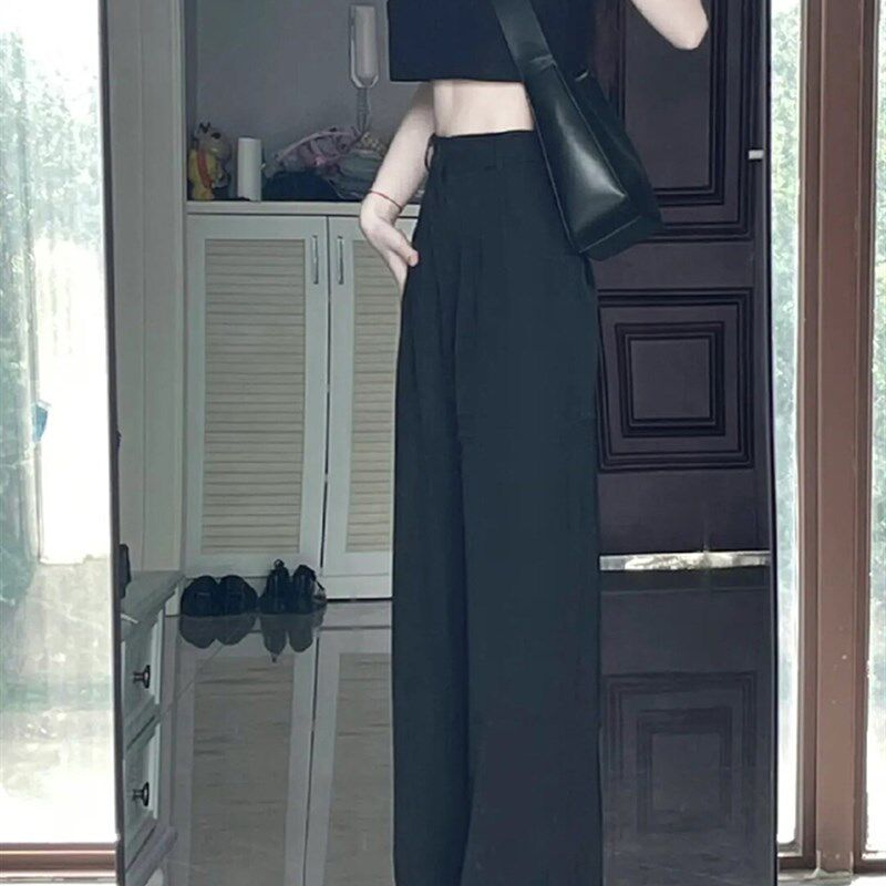 黑色坠感直筒西装裤大码女高腰显瘦百搭夏天胖妹妹休闲宰版阔腿裤