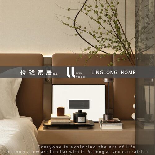 艺术简约样板间主卧室床头柜装饰画托盘花瓶香薰软装饰品摆件组合