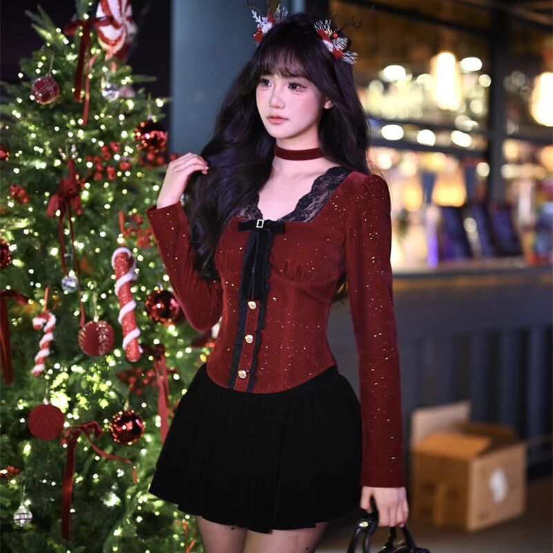 越韩小鱼圣诞夜曲 新年法式丝绒套装女春秋冬红色上衣短裙两件套